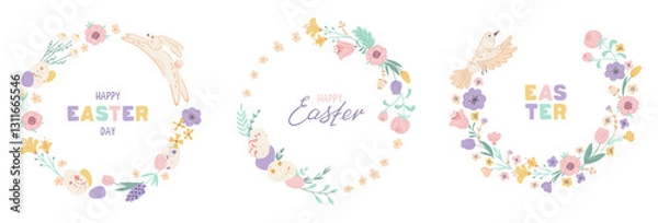Fototapeta Set Easter wreaths with cute rabbit, bird, eggs, spring flowers and branches on white background. Decorative frame with lettering. Design for your greeting cards, banners, flyers. Vector illustration