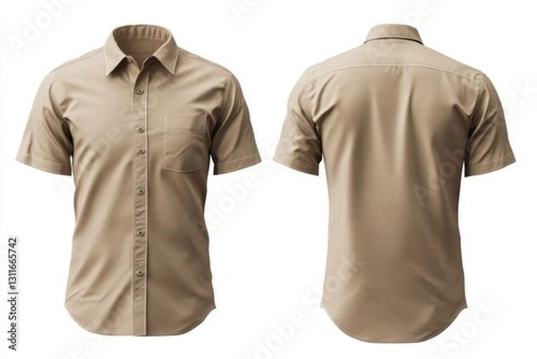 Fototapeta Beige short-sleeved shirt mockup template on a white background, front and back view. Mock-up of a man's business casual dress with a collar for design presentation,