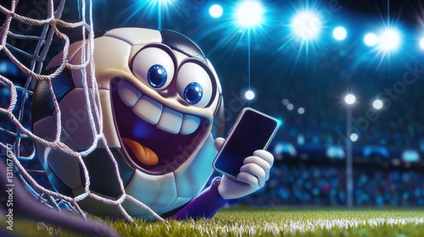 Fototapeta A crazy looking soccer ball character, beaming with an open-mouthed smile as it checks its team’s score on a smartphone. It's in a nighttime stadium scene, positioned near the soccer goal net