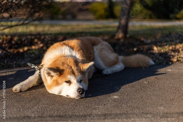Fototapeta bored akita inu dog laying on sidewalk in park in autumn at golden hour