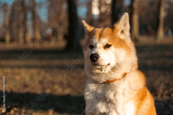 Fototapeta akita inu dog sitting calmly in park on grass at golden hour closeup