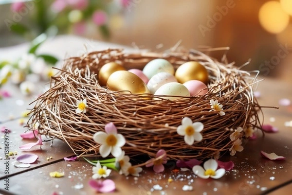 Fototapeta Rustikales Osternest aus Stroh mit goldenen und pastellfarbenen Eiern, umgeben von Blütenblättern und Federn auf einem Holztisch. Weicher Hintergrund mit Frühlingsgrün und warmem Sonnenlicht.