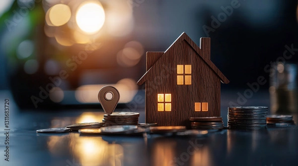 Fototapeta modern home purchasing concept featuring wooden house model surrounded by coins and location pin, symbolizing investment and real estate