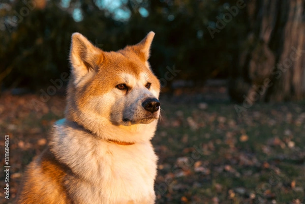 Fototapeta akita inu dog sitting calmly in park on grass at golden hour