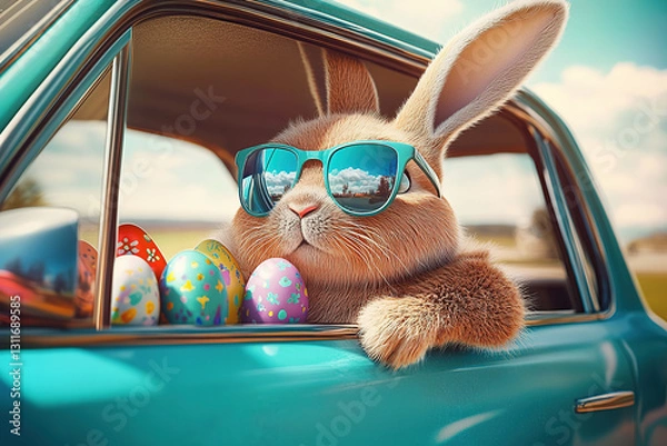 Obraz Easter themed image with bunny in teal car wearing blue sunglasses surrounded by colorful Easter eggs. Festive and trendy Easter celebration scene.