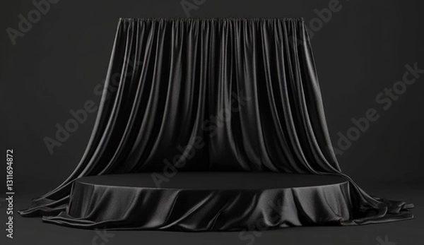 Fototapeta Black podium background with silk fabric, empty platform for product presentation on a black background.
