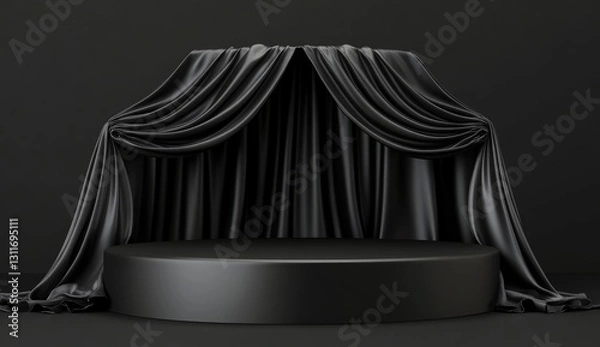 Fototapeta Black podium background with silk fabric, empty platform for product presentation on a black background.