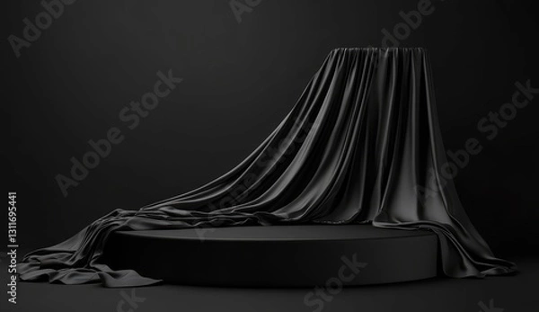 Fototapeta Black podium background with silk fabric, empty platform for product presentation on a black background.