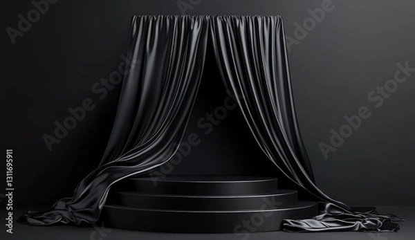 Fototapeta Black podium background with silk fabric, empty platform for product presentation on a black background.