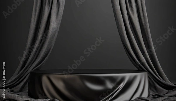 Fototapeta Black podium background with silk fabric, empty platform for product presentation on a black background.