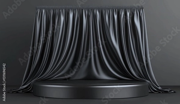 Fototapeta Black podium background with silk fabric, empty platform for product presentation on a black background.