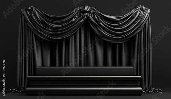 Fototapeta Black podium background with silk fabric, empty platform for product presentation on a black background.