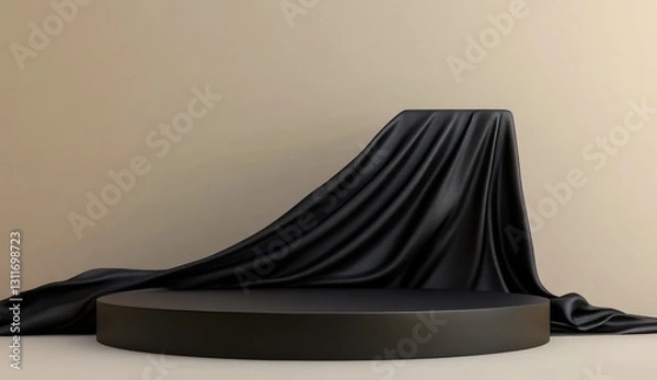 Fototapeta Black podium background with silk fabric, empty platform for product presentation on a black background.