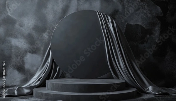 Fototapeta Black podium background with silk fabric, empty platform for product presentation on a black background.