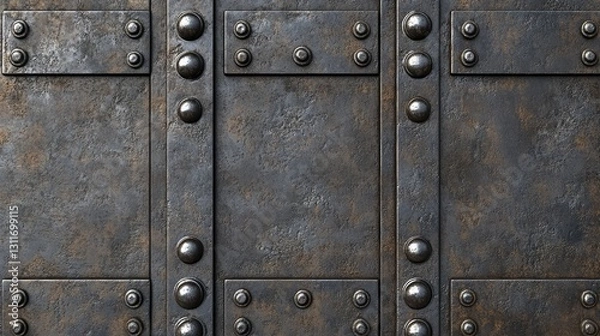 Fototapeta Heavy iron door with industrial rivets, dark and aged, emphasizing security and strength.