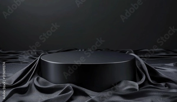 Fototapeta Black podium background with silk fabric, empty platform for product presentation on a black background.