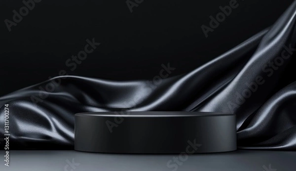 Fototapeta Black podium background with silk fabric, empty platform for product presentation on a black background.