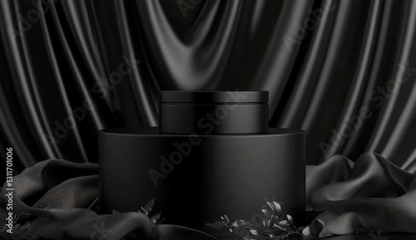 Fototapeta Black podium background with silk fabric, empty platform for product presentation on a black background.