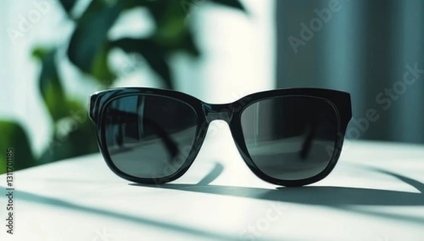 Fototapeta Black sunglasses on a white table, close-up, front view, minimalist style, sunlight shining through the glasses,