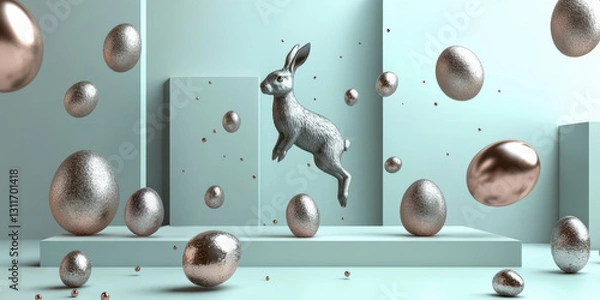 Fototapeta A stylish Easter setup with holographic eggs and refined aesthetics. The combination of tradition and modern luxury makes it perfect for branding, promotional materials, and web design.