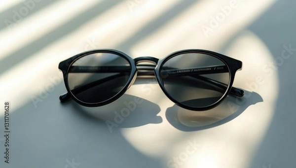 Fototapeta Black sunglasses on a white table, close-up, front view, minimalist style, sunlight shining through the glasses,
