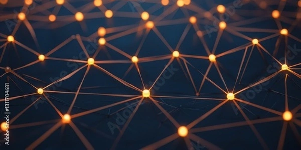 Fototapeta A vibrant network of glowing nodes interconnected by thin lines against a dark background, symbolizing technology and connectivity.
