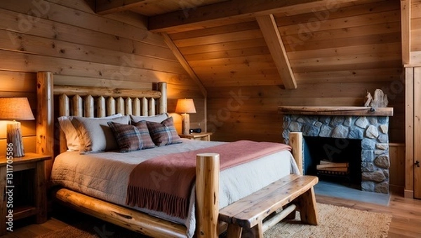 Fototapeta Rustic bedroom with natural wood elements dominating. The walls, floor, and ceiling are made of wood, creating a warm and cozy atmosphere.
