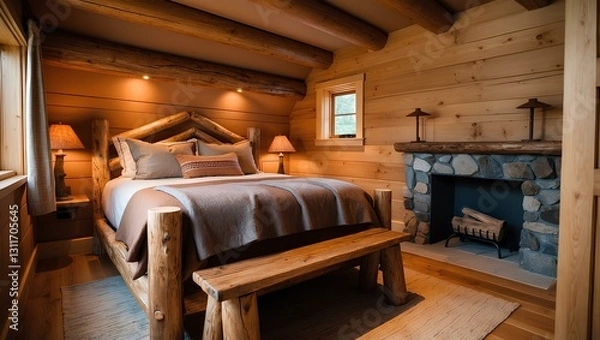 Fototapeta Rustic bedroom with natural wood elements dominating. The walls, floor, and ceiling are made of wood, creating a warm and cozy atmosphere.