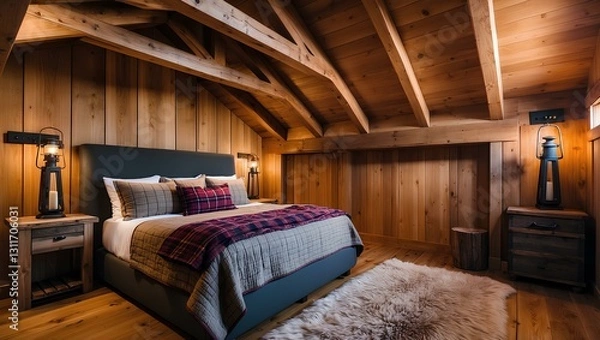 Fototapeta Rustic style bedroom with wood dominating the walls, floor, and ceiling. The bed has dark plaid sheets, combined with matching pillows.