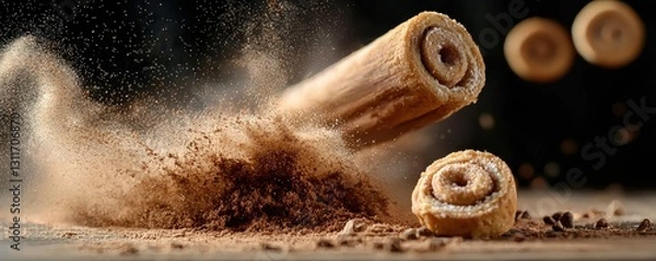 Fototapeta A rolling pin and cinnamon rolls create a flour explosion, highlighting a baking moment filled with deliciousness and action.