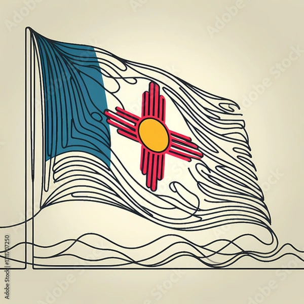 Fototapeta Continuous one-line drawing of the New Mexico flag waving, abstract smooth lines forming the Zia symbol.