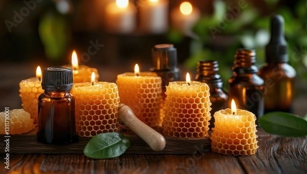 Fototapeta Candles made from honeycomb, arranged on a wooden table with amber bottles of essential oils in the background.