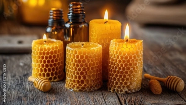 Fototapeta Candles made from honeycomb, arranged on a wooden table with amber bottles of essential oils in the background.