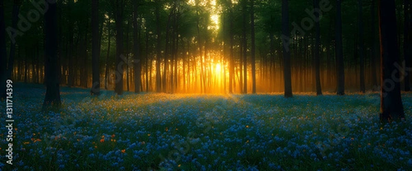 Fototapeta Sunrise In Magical Forest With Glowing Flowers