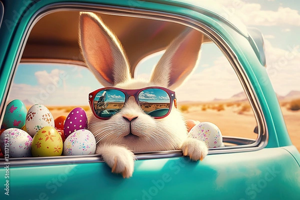 Fototapeta Easter themed image with white bunny in teal car wearing red sunglasses surrounded by colorful Easter eggs. Festive Easter celebration scene on road.