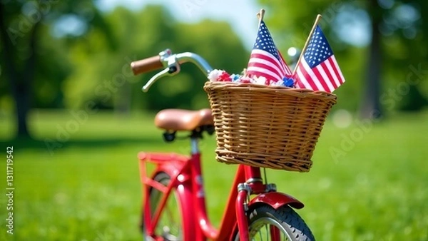 Obraz red vintage bicycle with small flags in the basket
