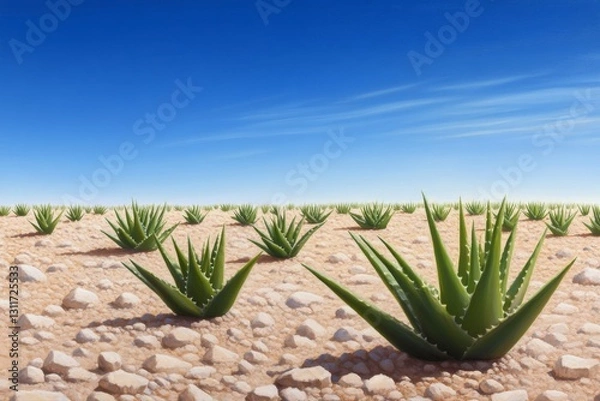 Fototapeta A vast desert landscape featuring numerous aloe vera plants under a clear blue sky