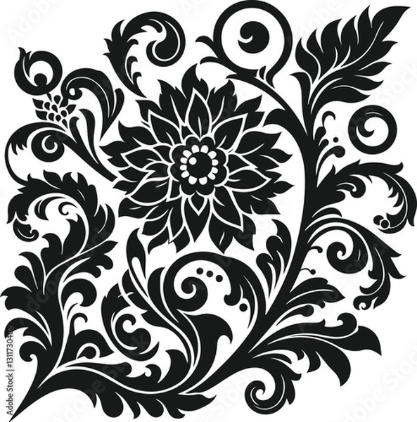 Obraz A sophisticated, symmetrical damask pattern featuring intricate floral and leaf-like designs in a rich black silhouette against a pure white background.
