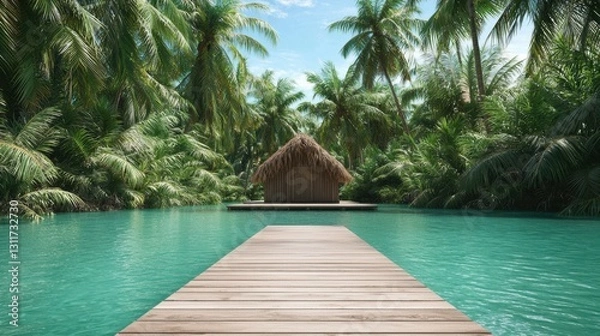 Obraz A serene tropical paradise featuring a wooden walkway leading to a quaint hut amid lush palm trees over crystal-clear water, evoking peace and tranquility.