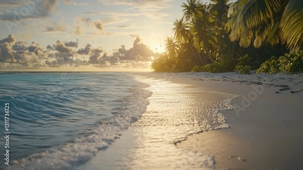 Obraz Serene tropical beach at sunset with gentle waves lapping the shore, palm trees swaying softly in the warm breeze, and a vibrant sky painted with hues of orange and pink.