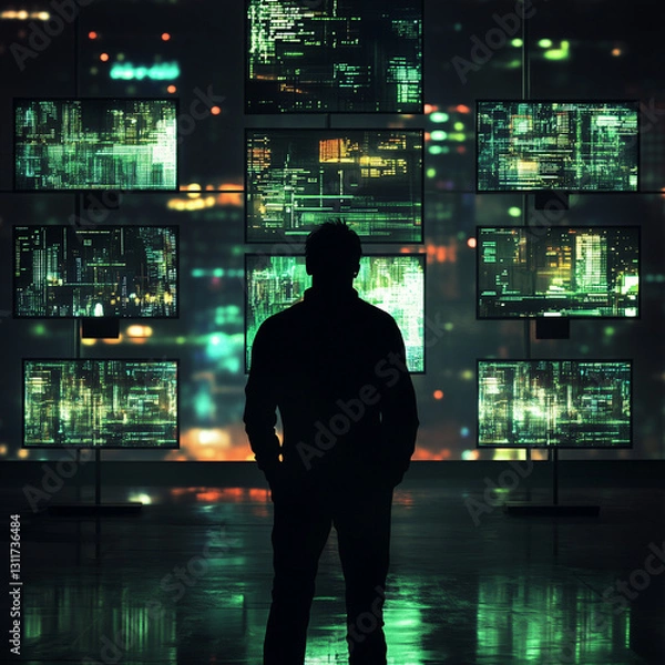 Fototapeta A high-tech visualization of hacking and cybersecurity threats, depicting digital crime, data breaches, and cyber warfare. Perfect for illustrating cybercrime investigations, ethical hacking.