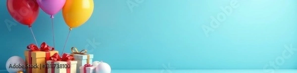 Fototapeta Vibrant balloons float against a serene blue backdrop, near colorful gift boxes , blue background, pastel, happy