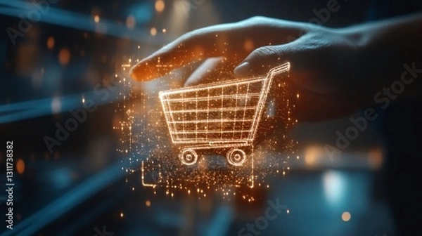 Fototapeta A hand reaches out to touch a glowing holographic shopping cart icon, symbolizing online shopping and digital commerce, set against a futuristic background with vibrant lighting effects.. AI