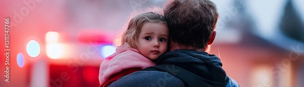 Obraz A firefighter carries a rescued child away from a burning house, with soft-focus red and blue emergency lights illuminating the scene and smoke adding a dramatic effect