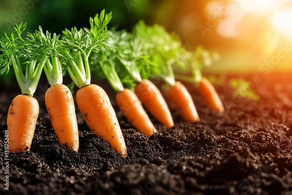 Fototapeta Neatly aligned carrot sprouts emerge from rich, dark soil under the soft glow of morning sunlight, symbolizing new beginnings and the beauty of nature awakening