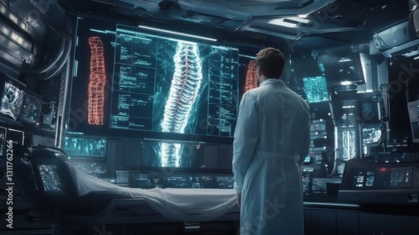 Fototapeta Scientist Analyzing Medical Scan: A dedicated scientist, clad in a lab coat, examines a detailed medical scan displayed on a large screen.