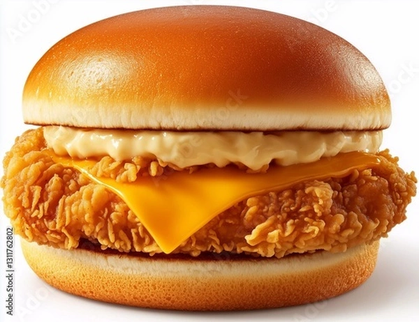 Fototapeta Crispy fried chicken sandwich with melted cheese and creamy sauce served on a soft bun