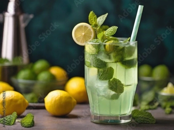 Fototapeta morning refreshing mojito with lemon and mint in a gla