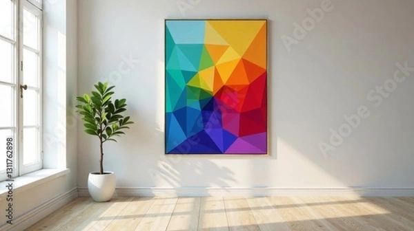 Fototapeta Vibrant Abstract Geometric Artwork Adorns Minimalist Room Featuring Sunlight and Simple Plant