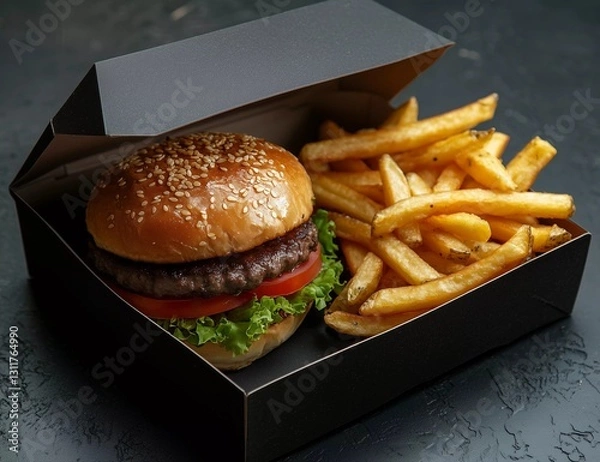 Fototapeta Delicious burger with fresh lettuce and tomato served with crispy fries in a takeout box